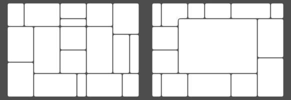 Grid layout template design. Rounded rectangular shape mosaic of square frames in bento box pattern. Product presentation infographic dashboard ui screen. Bricks for photo montage, landing graph vector