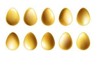 Easter eggs, 3d illustration. Happy april golden metal balls hunt, isolated design elements. Spring chocolate gift icon, flying on transparent background. Modern gold color realistic render vector