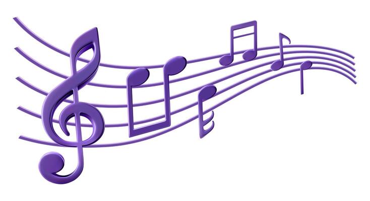 Music note sheet, lines of staff for musical concert, karaoke singing or radio listening. Wavy swirl as melody flow. Illustration in 3d cartoon, shiny metallic render. Jazz band, rock roll party dance