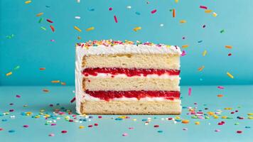 Cyan birthday cake slice celebration bright background food photography playful environment colorful concept photo