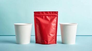 Cyan overlay of a red package surrounded by two white cups minimalistic setup studio environment photo