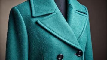 Cyan chic teal wool coat macro close-up textured fabric details studio setting fashion photography photo
