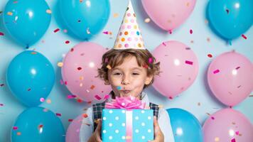 Cyan birthday celebration with confetti child in party hat indoor fun joyful atmosphere photo