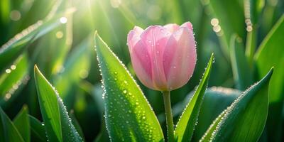 Summertime bloom a close-up of a pink tulip glimmering with dew in a lush garden environment photo
