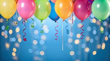 Cyan birthday celebration with colorful balloons blue background festive environment joyful atmosphere photo