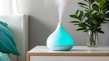 Wellness action relaxing scene with a cyan essential oil diffuser in a cozy bedroom environment photo