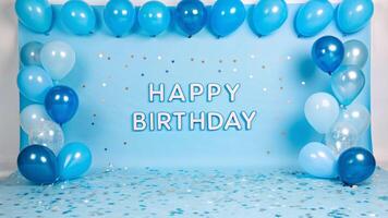 Cyan birthday celebration backdrop with balloons and confetti for festive photography photo