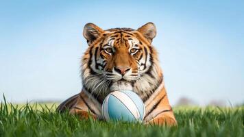 Vitality of a tiger playfully interacting with a ball in a nature setting close-up view of wildlife photo