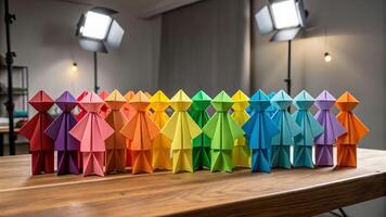 Vibrant origami figures displaying vitality studio setting artistic showcase colorful environment close-up perspective photo