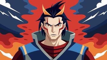 An anime character with horns and a red and blue background vector
