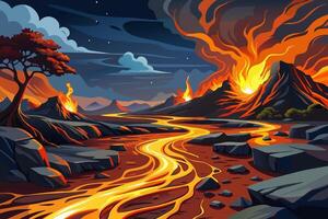 Illustration of a lava river flowing through a mountain vector