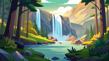 A cartoon illustration of a waterfall in the forest vector