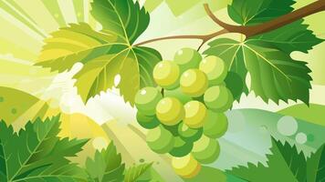 Green Grapes on Green Nature background with Sun rays. Fresh Grapes. Wine grapes Illustration on Nature Background vector
