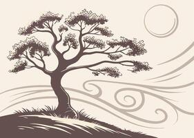 A tree on a hill with a moon in the background vector