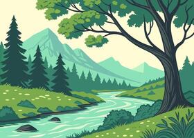 illustration of a river in a forest with trees and grass vector