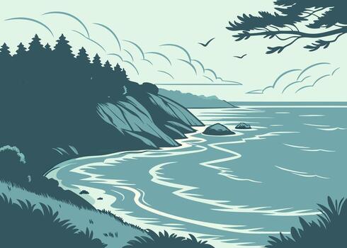 A drawing of a beach with trees and rocks vector