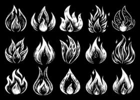 A set of different fire flames drawn in white on a black background vector