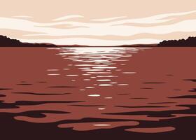 A sunset over the water with a boat in the distance vector
