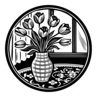 A black and white drawing of tulips in a vase vector