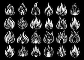 A set of different fire flames on a black background vector