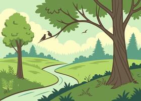 A cartoon illustration of a river and trees vector