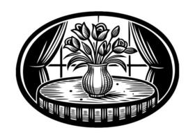 A vase with flowers on a table in front of a window vector