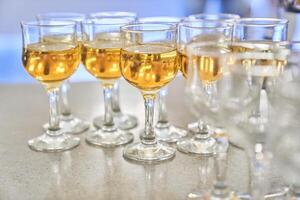 Selective focus on wine glasses in a row. Festive buffet with wine tasting. The concept of holidays and entertainment. With space to copy photo