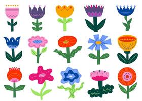 Set of abstract geometric flowers in a modern folk style. Minimalistic colorful flowers. Hand-drawn flowers with bold shapes, whimsical details, and vibrant hues, perfect for design projects. vector