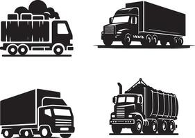 Four black and white trucks and trailers on a white background vector