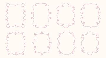 Collection of elegant hand drawn decorative frames with a delicate pink outline. Each frame features a unique wavy, curly, or looped border design, perfect for invitations, greeting cards vector