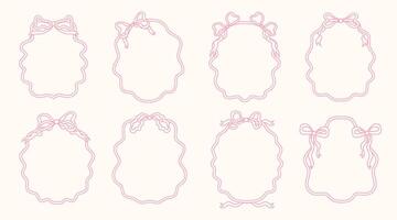 Set of hand-drawn decorative frames with delicate pink ribbon and bow elements. Elegant, vintage style borders feature wavy and curved lines, perfect for wedding invitations, baby shower designs vector
