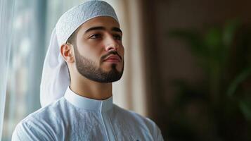 A man in a white turban looking away from the camera photo
