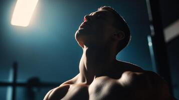A man with no shirt on in a dark room photo