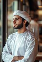 Arab man in traditional clothing standing in front of window photo
