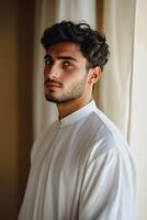 A man in a white shirt standing in front of a window photo