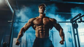 A man with a bodybuilde standing in front of a smoke machine photo