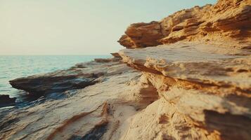 A rocky cliff with a blue ocean in the background photo