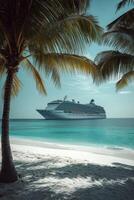 A cruise ship on the beach with palm trees photo