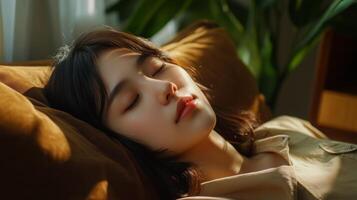 A woman sleeping on a couch with her eyes closed photo