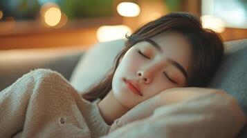 A woman sleeping on a couch with her eyes closed photo