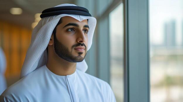 Arabic man looking out of window photo