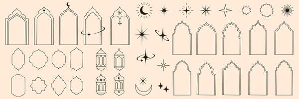 Islamic window frame shapes with star and moon elements set. Ramadan Kareem and Eid Mubarak. Arabian architecture, arches, door, stars and moon, mosque doors, mosque domes and lanterns. vector