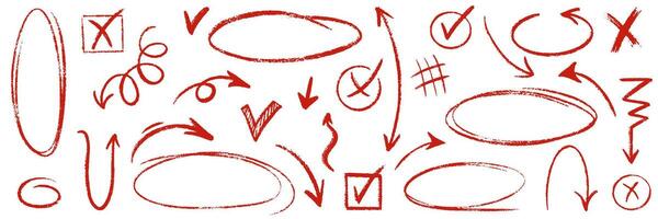 Red pencil hand drawn various oval, chalked arrows, check marks. doodle marker drawing. Hand drawn charcoal symbols for diagrams. Freehand grunge red strikethrough and underline elements vector