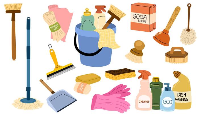 Cleaning supplies set. Home chemical detergent in bottles, household tools, equipment. Brush, mop and gloves, housework accessories. Flat graphic illustrations isolated on white background.
