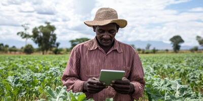 The modern farmer is utilizing advanced technology while working in a vegetable field today photo
