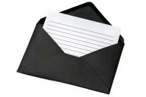 Open black envelope with empty piece of paper isolated on the transparent background png