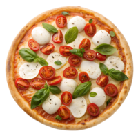 Delicious pizza caprese with fresh mozzarella, ripe tomatoes, and basil leaves, isolated on transparent background. Italian cuisine, appetizing food png