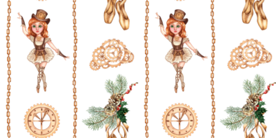 Girl ballerina in the fairy tale Nutcracker and pointe shoes, fir branches, pine cones, gears and chains watercolor illustration. Dancer steampunk style. Seamless vertical pattern isolated background. png