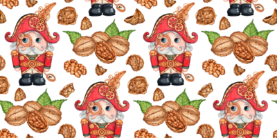 Nutcracker walnuts and shell watercolor illustration in steampunk style, toy soldier hand drawn. Christmas, New Year seamless pattern isolated from background. png