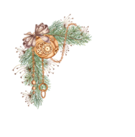 Fir branches with brown bow, grass, ball and chains watercolor illustration. Forest plants for winter, Christmas and New Year's decor. Isolated from the background. Frame, border, border, corner. png